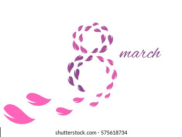 8 March greeting card template on white background of pink petals. International Women's day brochure, poster, flyer or invitation. Vector illustration. White background
