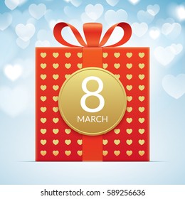 8 march greeting card template, with red gift box isolated on a blue bokeh background. International womens day greeting car design.