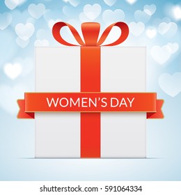8 march greeting card template. Gift box with red ribbon, isolated on a blue heart shaped bokeh background. International women's day greeting car design.