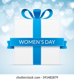 8 march greeting card template. Gift box with blue ribbon, isolated on a heart shaped bokeh background. International women's day greeting car design.