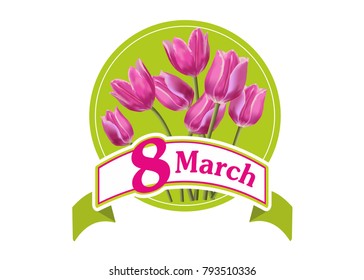 8 march greeting card template. Vector illustration.Beautiful realistic tulip bouquet.
