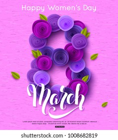 8 March greeting card ultra violet paper rose flowers decoration. International Women's Day background with handwritten lettering inscription. Vector illustration