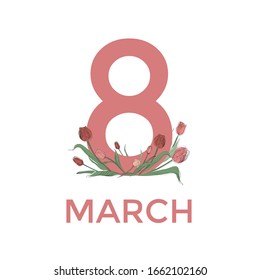 8 March greeting card. Vector template. Hand drawn Tulip pattern of lettering.