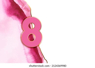 Tarjeta de saludo de 8 de marzo, banner de cite web, venta de tiendas, plantilla de cupón. Fondo acuático rosa con línea dorada.