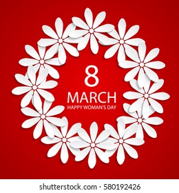 8 March greeting card with white origami flowers on red background