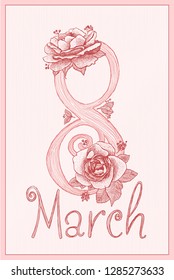 8 march greeting card for women, graphic poster with hand drawn roses and lettering, happy women's day banner