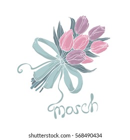 8 March greeting card. Women's Day design template with flower bouquet.