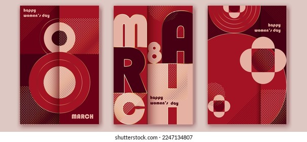 8 march greeting cards design. Intrnational women's day posters, brochure, covers.  Red and golden colors. 