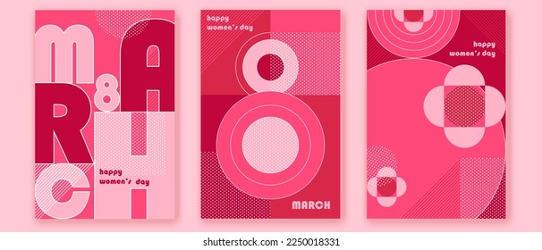 8 march greeting cards design. Intrnational women's day posters, brochure, covers.  Pink, magenta  colors. 