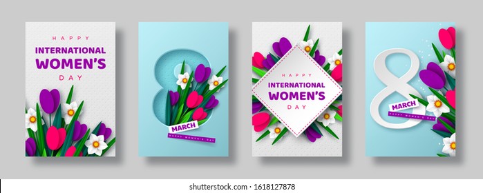 8 March greeting cards for International Womens Day. 3d paper cut number 8 with bouquet of spring flowers tulip and narcissus, turquoise background. Vector illustration.