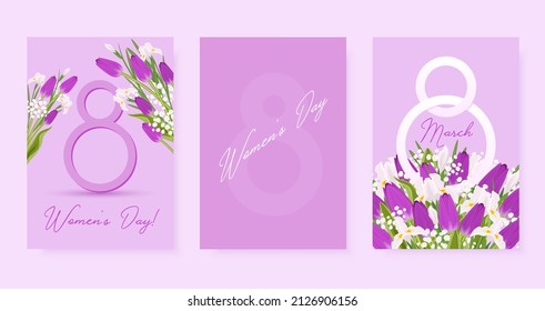 8 March greeting cards set. Flower bouquet with purple tulips and white irises on purple background. Happy Women's Day.