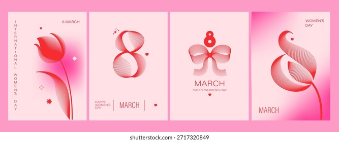Set de tarjetas de felicitación del 8 de marzo. Arte de línea tulipanes, arco, número ocho de diseño. Fondo de gradiente rosa suave.