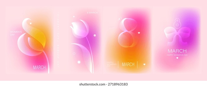 Set de tarjetas de felicitación del 8 de marzo. Arte de línea tulipanes, arco, número ocho de diseño. Fondo degradado rosa suave, naranja, violeta.