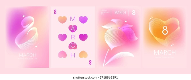Set de tarjetas de felicitación del 8 de marzo. Flor del arte de la línea, corazón, diseño número ocho. Fondo degradado rosa suave, naranja, violeta.