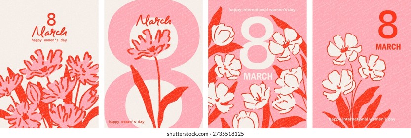 8 March greeting cards set with red and white flowers. Hand drawn, sketched spring flowers. Women's day congratulations. Pink, red, white colors. 
