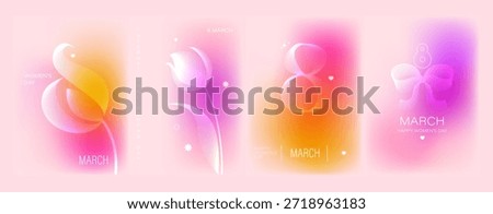8 March greeting cards set. Line art tulips, bow, number eight design. Soft pink, orange, violet gradient background.
