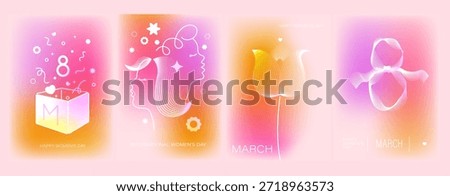 8 March greeting cards set. Line art flower, tulip, woman face profile, gift box with surprise. Number eight design. Soft pink, orange, violet gradient background.