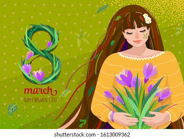 8 march greeting vector background. Happy womens day celebration card design with cute beautiful girl hold crocus flowers bouquet at her hands. Big eight with floral grass, text sign.