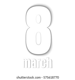 8 March greeting white card template on white background. International Women's day brochure, poster, flyer or invitation. Vector illustration. Application of white paper.