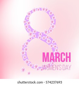 8 March greeting women day card with flowers. Vector illustration