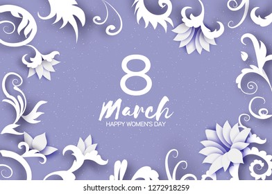 8 March Greetings card. International Womens Day. Realistic Floral Paper cut white flowers and leaves. Floral bouquet on violet Text. Origami Spring Holidays. Mothers Day. Vector.