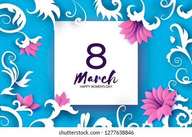 8 March Greetings card. International Womens Day. Realistic Floral Paper cut pink flowers and white leaves. Floral bouquet on blue. Square Frame. Text. Origami Spring Holidays. Mothers Day.