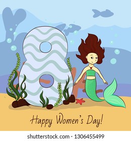 8 march hand drawing card with mermaid and the big eight