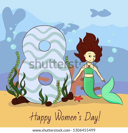 8 march hand drawing card with mermaid and the big eight