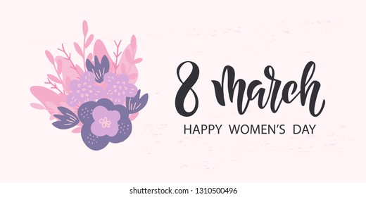 8 March hand drawn brush lettering. Women's Day holiday. Template for poster, banner, flyer, gift card, greeting card, invitation. Vector illustration on pink background