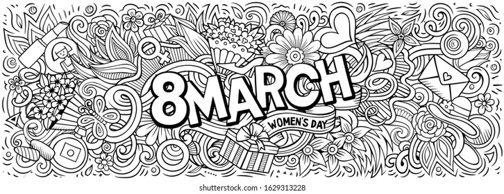 8 March hand drawn cartoon doodles illustration. Holiday funny objects and elements poster design. Creative art background. Sketchy vector banner