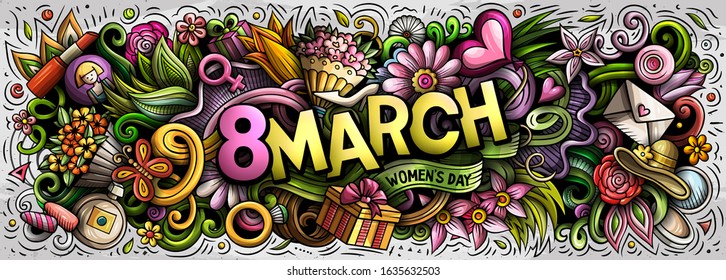 8 March hand drawn cartoon doodles illustration. Holiday funny objects and elements poster design. Creative art background. Colorful vector banner
