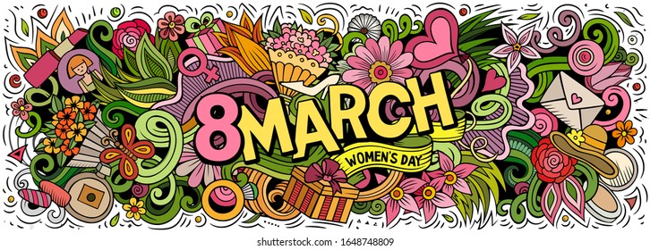 8 March hand drawn cartoon doodles illustration. Holiday funny objects and elements poster design. Creative art background. Colorful vector banner