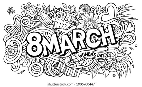 8 March hand drawn cartoon doodles illustration. Funny holiday design. Creative art vector background. Handwritten text with Happy Womans Day elements and objects.