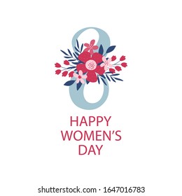 8 March hand drawn lettering. Women's Day holiday greeting card with spring bouquet. Template for poster, banner, flyer, gift card, invitation. Flat vector illustration isolated on white background