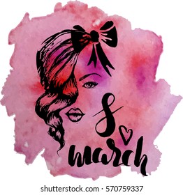 8 march hand drawn sketch with female face on watercolor stain