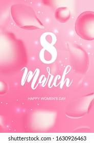 8 March  hand lettering on textured background with rose petals. International women's day vector postcard as badge, icon, card, invitation, poster, banner template.