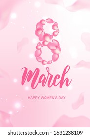 8 March  hand lettering on textured background with rose petals. International women's day vector postcard as badge, icon, card, invitation, poster, banner template.