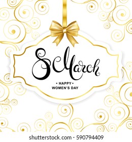 8 march handwritten calligraphy lettering on frame with gold bow and swirl pattern background. Happy women's day card. Vector illustration.