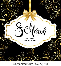 8 march handwritten calligraphy lettering on frame with gold bow and swirl pattern background. Happy women's day card.  Vector illustration.