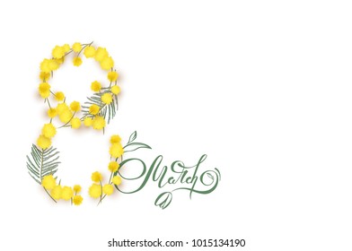 8 March handwritten lettering typography. International women's day greeting card with floral ornament.  Vector illustration