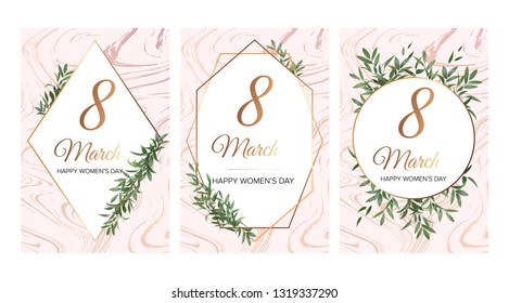 8 March. Happy Mother’s Day. Trendy design template. Luxury set of elegant invitation card, background, cover. Blush pink marble and golden geometric frame. All elements are isolated and editable.