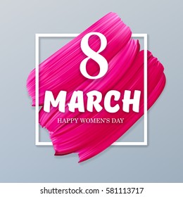 8 march happy international woman day on lipstick mark vector pink background in frame isolated design template greeting card or website abstract promotional banner