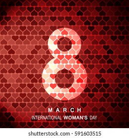 8 of March Happy International Woman's Day vector poster on the gradient red background with hearts pattern, glow number and text.