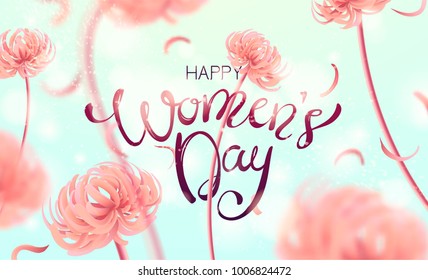 8 March Happy International Women`s Day background. Floral Greeting card, Paper cut flowers and leaves, holiday pattern, trendy Frame. Paper art Design, drawn vector Template, Banner, decor. 