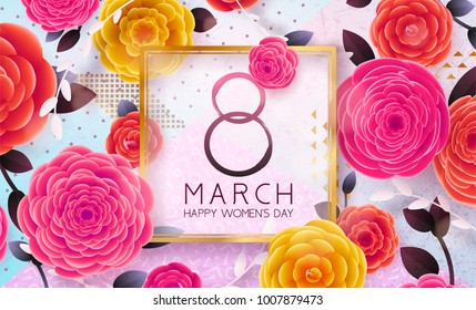 8 March Happy International Women`s Day background. Floral Greeting card, Paper cut flowers and leaves, holiday pattern, trendy Frame. Paper art Design, drawn vector Template, Banner, decor. 