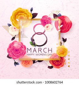 8 March Happy International Women`s Day background. Floral Greeting card, Paper cut flowers and leaves, holiday pattern, trendy Frame. Paper art Design, drawn vector Template, Banner, decor. 