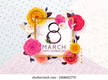 8 March Happy International Women`s Day background. Floral Greeting card, Paper cut flowers and leaves, holiday pattern, trendy Frame. Paper art Design, drawn vector Template, Banner, decor. 