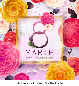 8 March Happy International Women`s Day background. Floral Greeting card, Paper cut flowers and leaves, holiday pattern, trendy Frame. Paper art Design, drawn vector Template, Banner, decor. 