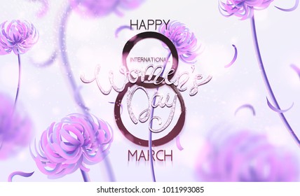 8 March Happy International Women`s Day background. Floral Greeting card, Paper cut flowers and leaves, holiday pattern, trendy Frame. Paper art Design, drawn vector Template, Banner, decor. 