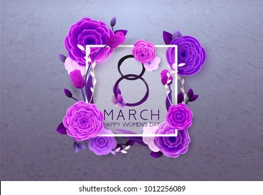 8 March Happy International Women`s Day, trendy Ultra Violet background. Floral Greeting card, Paper cut flowers and leaves, holiday pattern. Paper art Design, drawn vector Template, Banner, decor. 